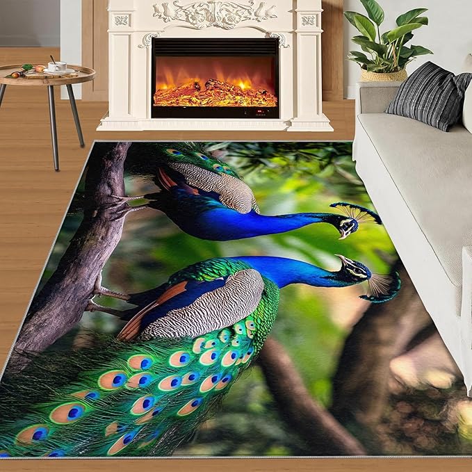 Peacock Rugs for Bedroom - 5x8 Rug, Peacock Couples Area Rugs for Living Room, Nature Carpet, Peafowl Washable Area Mat, Malachite Green Feather Carpet - Peafowl Home Decor & Gifts