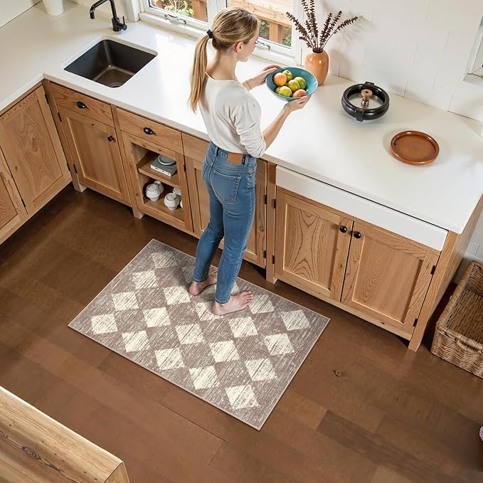 Lahome Moroccan Treills Area Rug - 2x3 Small Beige Bathroom Rug Door Rugs for Entryway Indoor, Checkered Washable Non Slip Throw Carpet for Bathroom Powder Room Kitchen Bedroom Front Door
