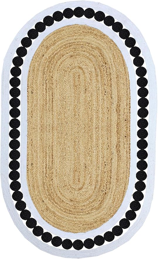 Flatweave Runner 2.6x6 Oval Kilim Jute Runner Hand Braided Jute Thick 0.27" Solid Pattern Black Beige Natural Oval Handmade Boho Indoor Outdoor Rugs for Hallway Enterway Corridor