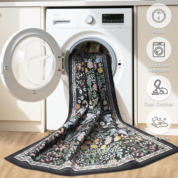 10x14 Area Rugs for Living Room: Floral Washable Rug Vintage Large Soft Boho Non-Slip Carpet Indoor Stain Resistant Low Pile Carpets for Bedroom Dining Room Farmhouse Nursery Home Office Dark Black