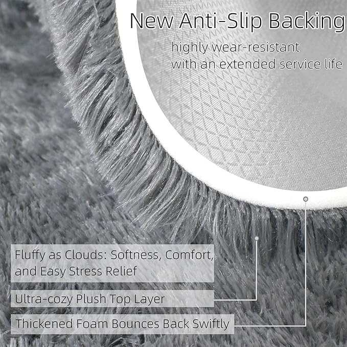 4x6 Solid Fluffy Grey Area Rug – Washable, Durable, Living Room Rug, Non-Slip High Pile Shag Rugs for Bedroom, Living Room, Bedside, Dorms, Nursery Rooms, Kids Room, Soft Indoor Floor Carpet