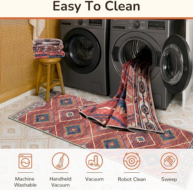 Area Rug 7x9 Rug Machine Washable Non-Slip Low Pile Print Pattern Western Rug for Living Room Bedroom Entryway Tribal Series-Red/Orange