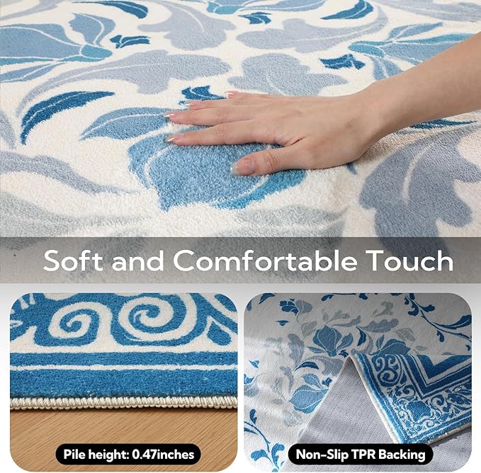 SOULFUL Medium Pile 4x6 Rugs for Living Room - Cozy Soft Underfoot Area Rug - Blue Boho Floral - Washable Non-Slip - Perfect for Bedroom Kids Room Under Dining Table Office