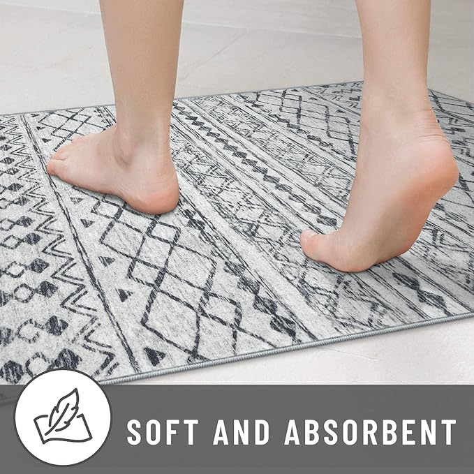 KUTA Boho Hallways Runner Rugs 2x12, Moroccan Washable Kitchen Rug Non-Slip Vintage Grey 12ft Ultra Soft Distressed Geometric Floor Carpet Runners for Bedroom Laundry Living Room