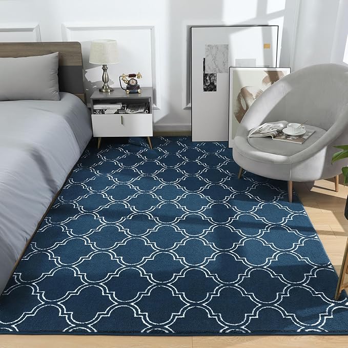 Amearea Fluffy Indoor Area Rug, Soft Trellis Moroccan Rugs for Bedroom, Shag Modern Area Rug for Living Room Kids Room Nursery, Easy Clean, Home Decor Low Pile Carpet, Teal Blue 5x7 Feet