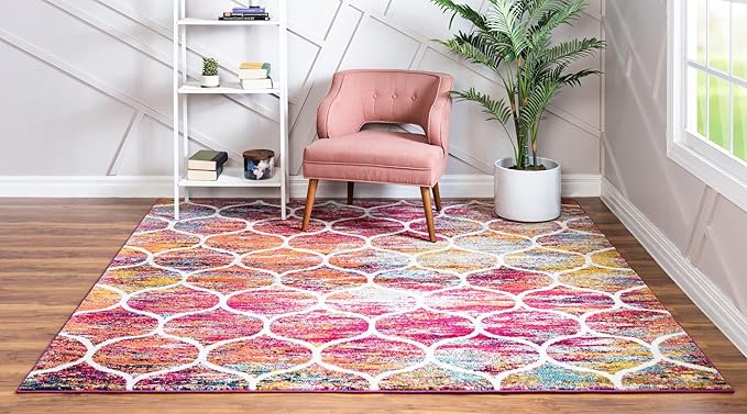 Rugs.com Lattice Frieze Collection Rug – 7' Square Multi Medium Rug Perfect for Living Rooms, Kitchens, Entryways