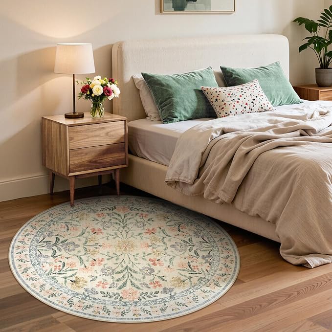 Lahome Circle Rug 6ft Beige Floral, Gentle Blossom Print Nursery Round Rug, Machine Washable Kids Carpet for Bedroom, Non-Slip Circular Mat for a Cozy Retreat Nook Decor