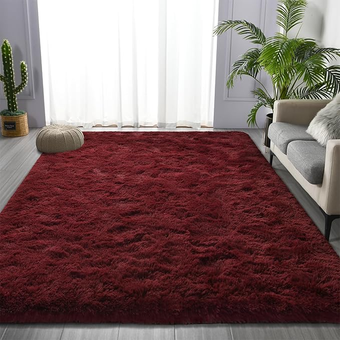 Shag Area Rug, 4 X 6 Plush Fuzzy Rugs for Living Room, Ultra Soft Fluffy Furry Rug for Bedroom, Indoor Carpet Nursery Rugs for Kids Room Home Decor, Burgundy