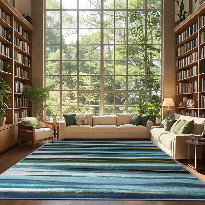 Abstract 6x9 Area Rug, Modern Stripe Pattern Teal Rugs for Living Room, Washable Soft Large Non-Slip Floor Carpet for Dining Room Office Bedroom - Teal/Multi