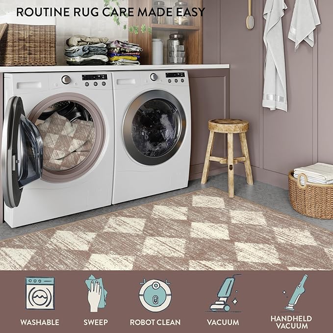 Lahome Machine Washable Rugs 6x9, Soft Beige Rugs for Bedroom Aesthetic Non Slip Living Room Rug Dining Room Carpet for Under Table, Moroccan Trellis Printed Indoor Carpet for Dorm Apartment Playroom
