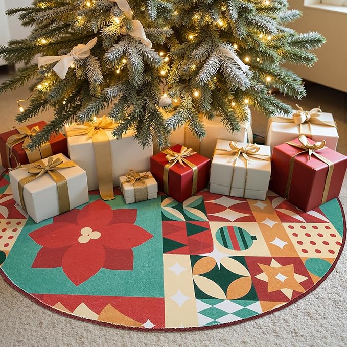 jinchan Round Christmas Rug 4ft for Entryway Washable Circle Christmas Bedroom Rug 4' Round Xmas Geometric Non-Slip Soft Carpet Festive Red-Green Holiday Patch Decor for Kitchen Living Room Porch