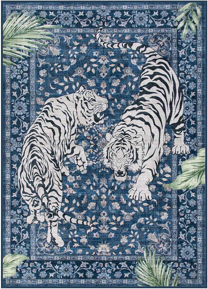 Moynesa Tiger Washable Area Rugs for Living Room, 5x7 Vintage Soft Rug for Bedroom, Non Slip Boho Botanical Ultra Thin Large Stain Resistant Throw Rug for Dining Guest Room, Blue