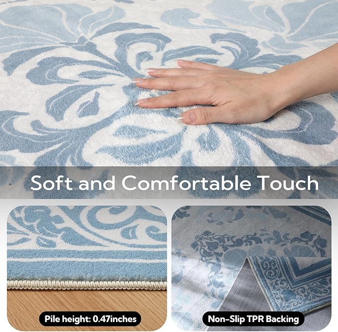 SOULFUL Medium Pile 3x5 Area Rug - Soft Foot Feel Small Entryway Rug - Mist Blue Boho Floral - Washable Non-Slip - Perfect for Living Room Bedroom Foot Kids Room Reading Nook