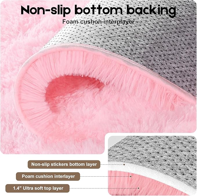 Pink Rugs for Bedroom, 4x6 Fluffy Small Area Rugs for Living Room, Soft Shag Fuzzy Carpet with 4 Non-Slip Stickers for Kids Boys and Girls Nursery Room Dorm Home Decor (Pink, 4ft x 6ft)
