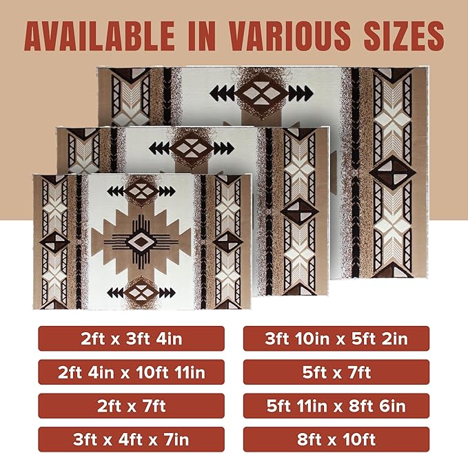 YHSF South West Native American Area Rug C318 - Easy Clean, Thick, Soft, Durable Native Tribal American Indian Inspired Rug for Bedroom/Living Room and More - Ivory, 8 Feet x 10 Feet