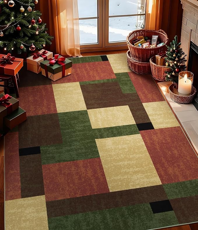 YIHOUSE Red and Green Rug 4x6, Burgundy Farmhouse Vintage Rugs Washable for Living Room,Burnt Orange Area Rug Non Slip,Geometric Boho Area Rug for Kitchen,Dining Room,Bedroom