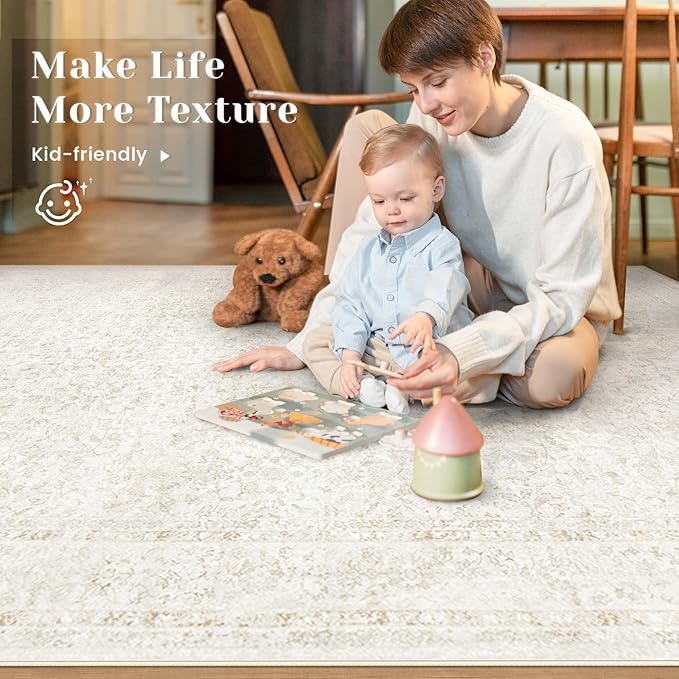 6x9 Area Rugs for Living Room: Washable Vintage Floral Rug Low Pile Non-Slip Boho Carpet for Bedroom Nursery Dining Room (Floral Beige, 6'x9')