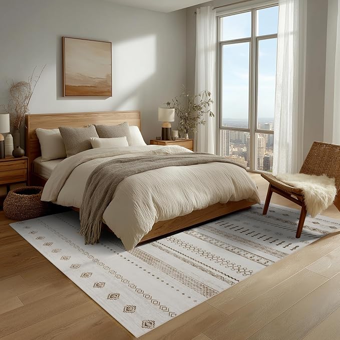 Washable Area Rugs 8x10, Large Rugs for Living Room, Carpet for Bedroom, Boho Soft Faux Wool Retro Dining Room Rug, Non-Slip Backing Resistant Low Pile Vintage Print Rug for Home Office(Beige)