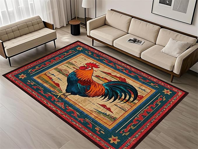 Vintage Rustic Rooster Area Rug ，5x8ft,Ethnic Design Colorful Mountains Geometric Pattern Print Rug，Low Pile Washable Rug Suitable for Farmhouse, Kitchen, Living Room, Bedroom Entryway