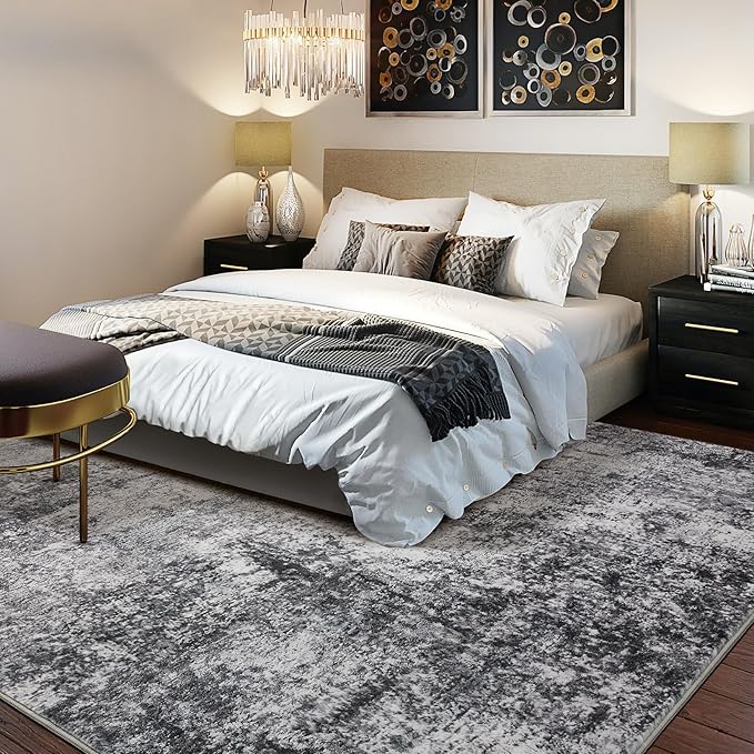 Area Rug Living Room Rugs - 5x7 Large Soft Indoor Neutral Modern Abstract Low Pile Washable Rug Carpet for Bedroom Dining Room Farmhouse Home Office - Grey