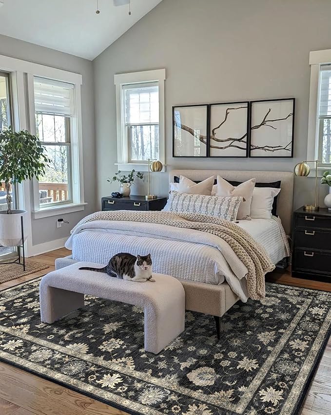 Washable Area Rug 8x10 - Large Charcoal Black Boho Rugs for Living Room Soft Vintage Bedroom Rug Ultra-Thin Traditional Floral Carpet Moody Farmhouse Rug for Dining Room Guest Room Home Decor
