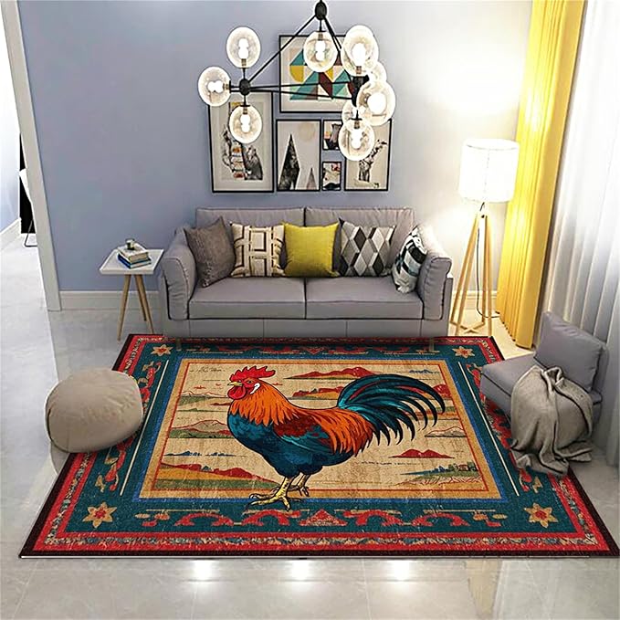 Vintage Rustic Rooster Area Rug ，6x8ft,Ethnic Design Colorful Mountains Geometric Pattern Print Rug，Low Pile Washable Rug Suitable for Farmhouse, Kitchen, Living Room, Bedroom Entryway