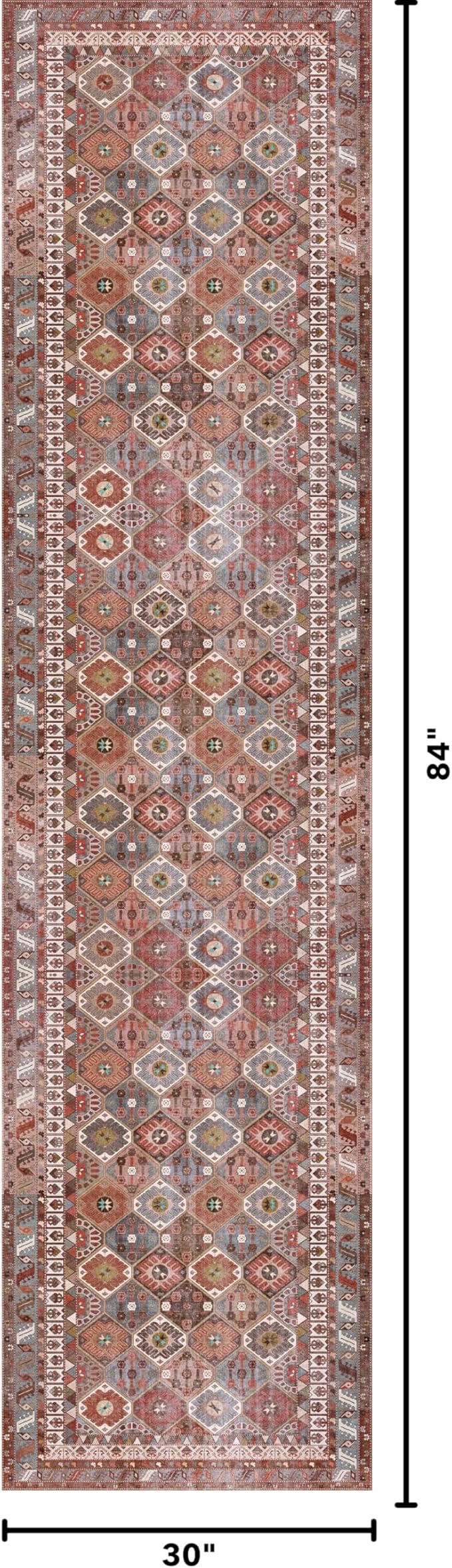Kuden 2'6"x7' Runner Rug, Machine Washable Area Rug with Non-Slip Backing, Vintage Style, Soft, Easy Clean, Low Pile Rug for Hallway, Entryway, Kitchen, Bedroom