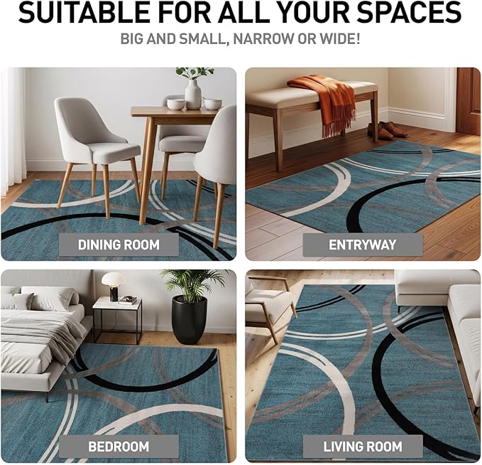 Rugshop Modern Wavy Circles Design Area Rug, Fade-Resistant Carpet for Entryway, Bathroom, or Kitchen, Blue, 3'3" x 5'