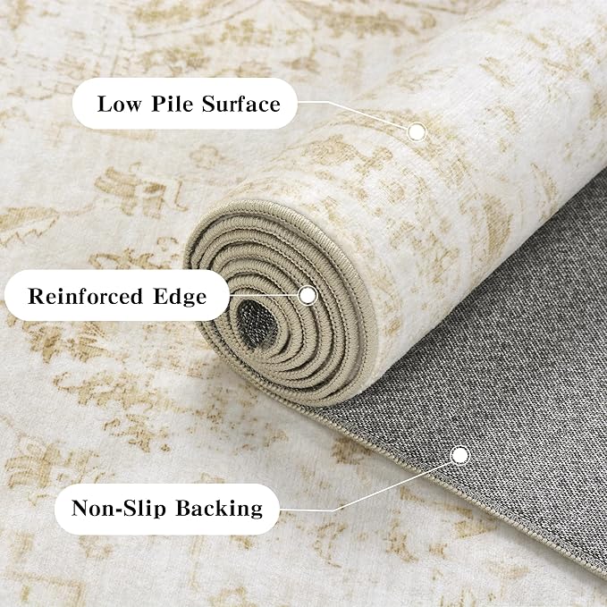 6x9 Vintage Washable Area Rugs Boho Medallion Large Distressed Retro Accent Carpet Floral Non-Slip Soft Low Pile Indoor Throw Rug for Living Room Bedroom Dining Room Office Kitchen, Beige
