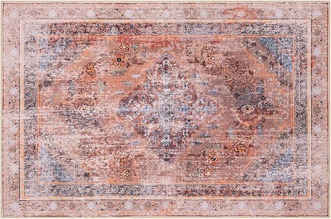 Phantoscope Washable Area Rug 4'x6' Non-Slip, Vintage Neutral Fall Rugs for Living Room, Bedroom, Dining Room, Distressed Boho Medallion Pattern, Low-Pile Foldable Floor Carpet, Rust Orange