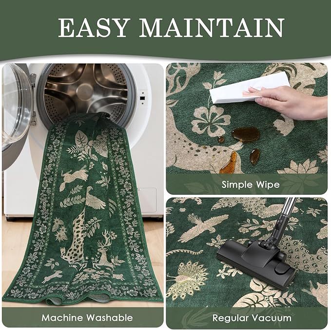 Moynesa Green 5x7 Living Room Rugs, Luxurious Vintage Boho Animal Washable Area Rug for Bedroom Dining Room Office Study, Low Pile Soft Non-Slip Easy Clean Retro Carpets for Indoor