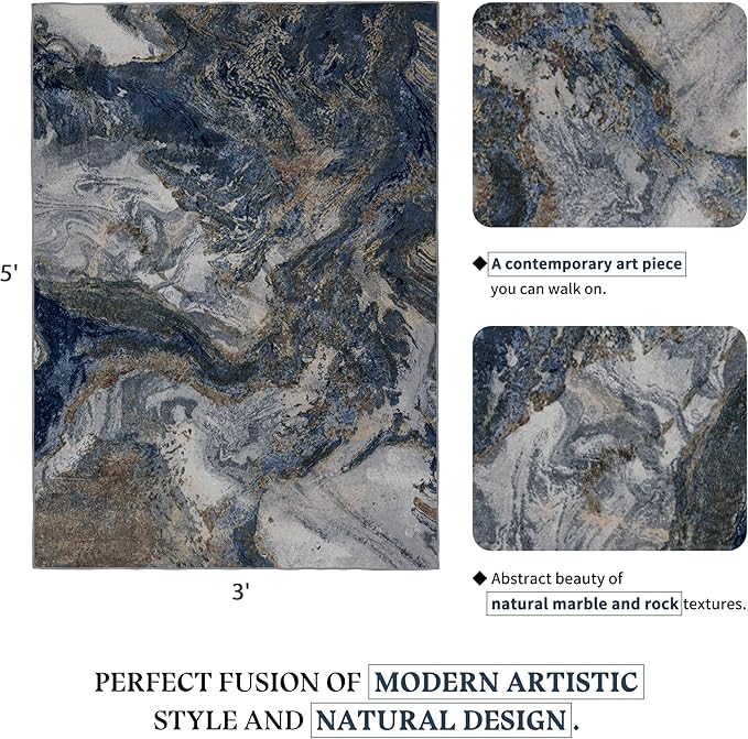 3x5 Blue Area Rug: Modern Abstract Washable Rugs for Entryway Kitchen Bedroom Indoor - Non-Slip Stain Resistant Thin Low Pile