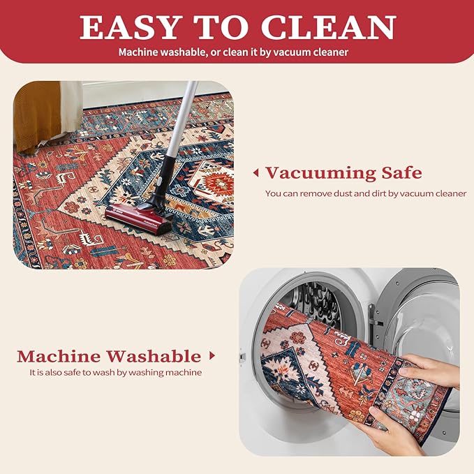 SERISSA Washable Rugs 9x12 Area Rugs, Large Non-Slip Boho Living Room Rust Rug, Ultra Soft Vintage Print Distressed Oriental Tribal Farmhouse Carpet for Dining Room Bedroom Dorm Office Home Decor