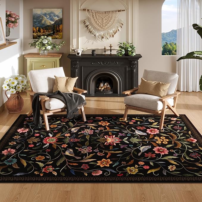 Vintage Medallion Floral 5x7 Area Rugs, Machine Washable Non-Slip, Low Pile Soft Carpet for Living Room, Bedroom, Dining Room, Farmhouse, Kids Playroom, Office | Black
