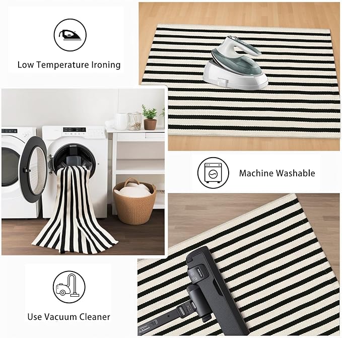 Striped Outdoor Rugs 3'x5', Cotton Hand Woven Rug Front Door Mat,Washable Reversible Layered Door Mats, Foldable Front Porch Rug for Entryway/Home Entrance/Farmhouse(Black and White)