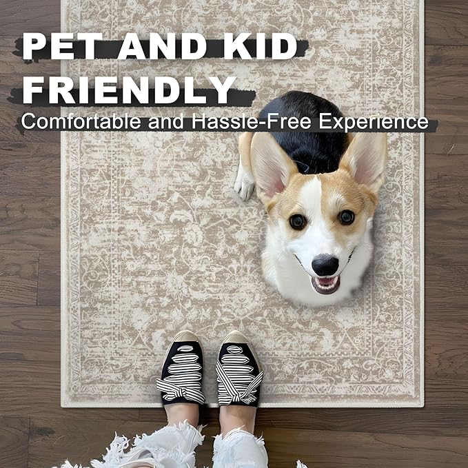 KILOCOCO Hallway Runner 2x8 Rug Runner Printed Vintage Floral Washable Kitchen Runners Non-Slip Rubber Backed Runners for Hallways Laundry Room Distressed Boho Rugs for Entryway Bedroom, Beige