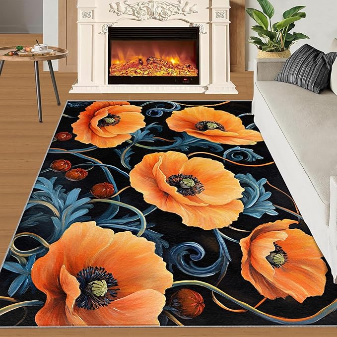 3x4 Poppy Rugs for Entryway - Retro Florals Art Kids Bedroom Rug, Rustic Flowers Art Mudroom Rug Soft for Coffee Shop Living Room Under Table Game Room