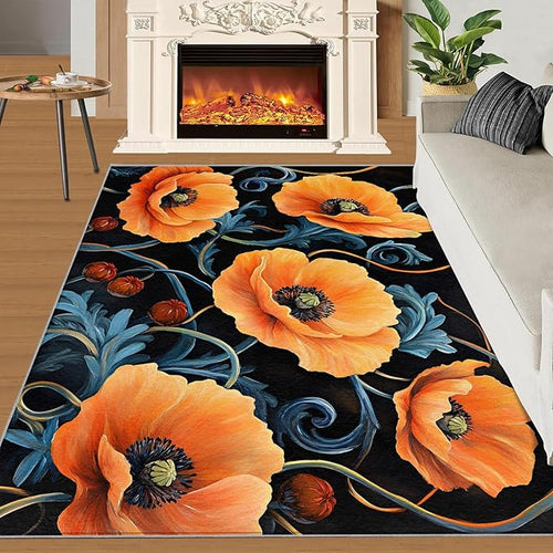 3x4 Poppy Rugs for Entryway - Retro Florals Art Kids Bedroom Rug, Rustic Flowers Art Mudroom Rug Soft for Coffee Shop Living Room Under Table Game Room