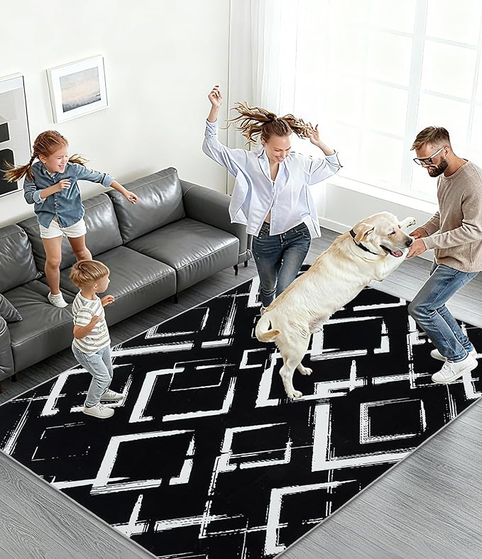 YIHOUSE Black Modern Geometric Area Rug 6x9, Black and White Rug with Abstract Diamond Patterns,Non-Shedding Washable Rugs for Bedroom, Home Office and Living Room