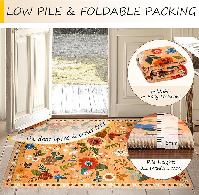 Floral 4ft Area Rug Machine Washable Soft Print Boho Carpet Non Slip Doormat Low Pile Flower Area Rugs for Living Room Bedroom Nursery Kitchen Dining Room Indoor-Yellow/Orange