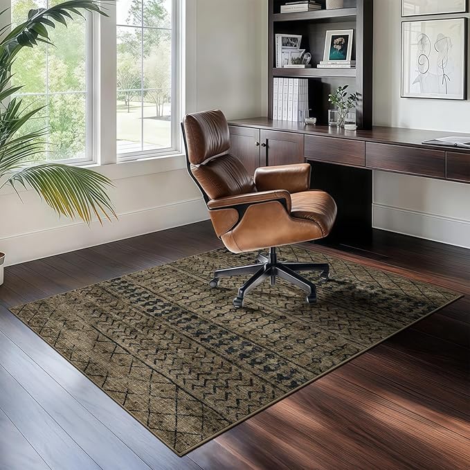 4x6 Machine Washable Area Rug for Living Room, Brown Black Vintage Moroccan Rug Large Non-Slip Low Pile Soft Faux Wool Carpet, Kids and Pets Friendly for Bedroom Dining Room Farmhouse Home Decor Rug
