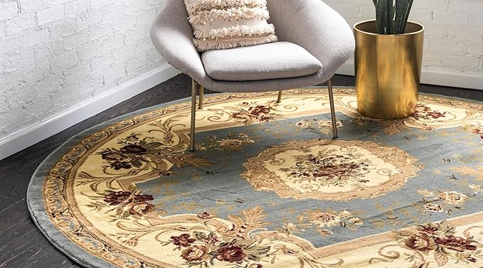 Rugs.com Chateau Collection Rug – 6 Ft Round Light Blue Medium Rug Perfect for Kitchens, Dining Rooms