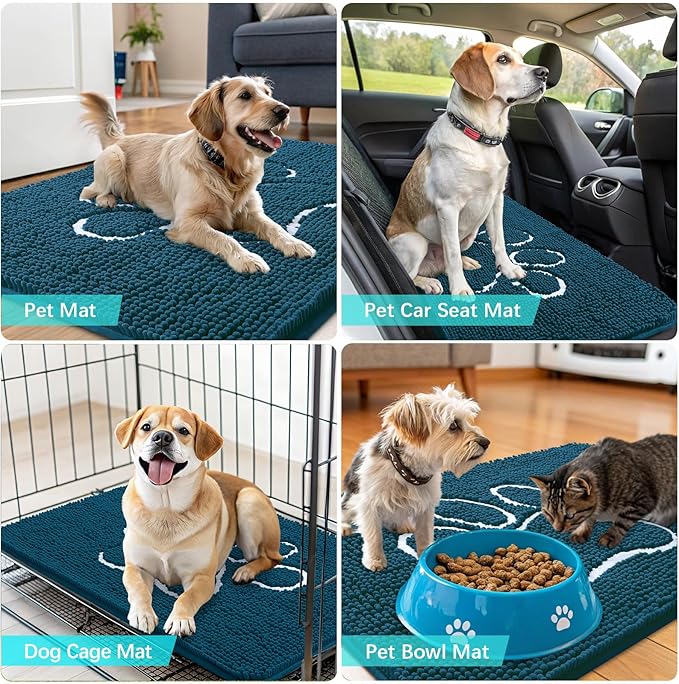 OLANLY Dog Door Mat for Muddy Paws 47x24, Paw Print Design, Absorbs Moisture and Dirt, Absorbent Non-Slip Washable Doormat, Quick Dry Chenille Mud Mat, Entry Indoor Entryway Carpet, Atlantic Blue