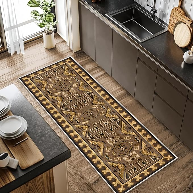 Brown Geometric Runner Rug, 4x12ft Hallway Runner Washable Rug, Corridor & Foyer High-Traffic Rugs, Indoor Durable Non-Slip Mat, Vintage Southwestern Decorative Home Carpet