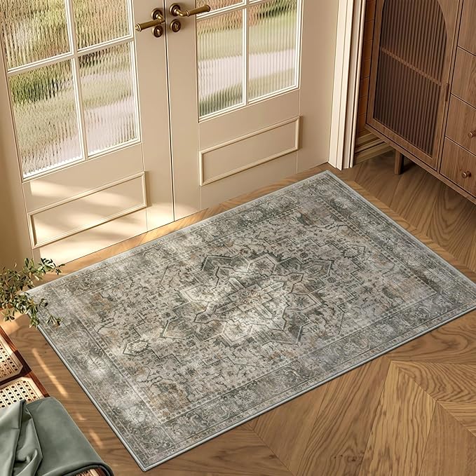 2x3 Machine Washable Area Rug for Entryway, Grey Rusty Boho Vintage Floral Rug Non-Slip Low Pile Soft Faux Wool Small Carpet, Kids and Pets Friendly for Bedroom Kitchen Hallway Bedside Home Decor Rug