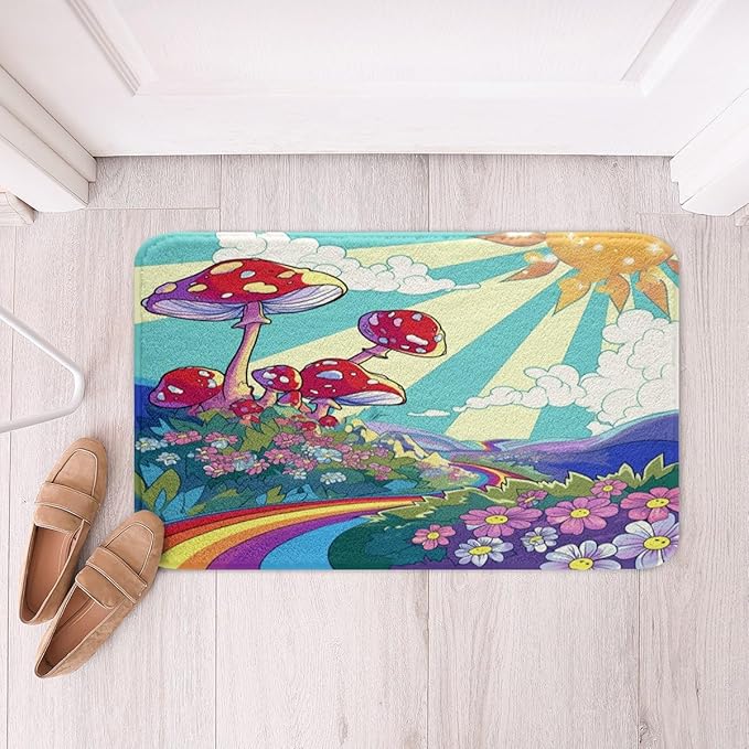 Erosebridal Cute Mushroom Rugs 70s Theme Rainbow Fluffy Rugs for Kids Girls Vintage Retro Sun Stars Indoor Entry Rug 16x24 Hippie All Seeing Eye Non Slip Bathroom Carpet Groovy Flower Floor Mats