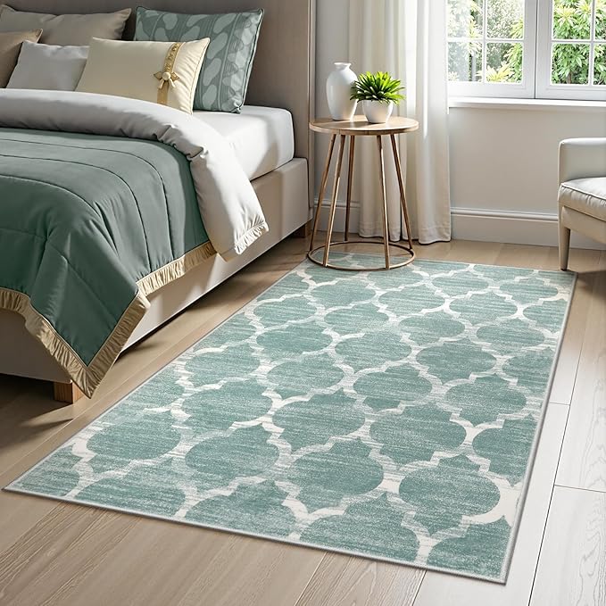 Lahome Moroccan Washable 3x5 Entryway Rug - 3x5 Area Rugs for Bedroom Throw Non-Slip Low-Plie Kitchen Rugs Soft Sage Distressed Capet for Office Bathroom Living Laundry Room Dining Room