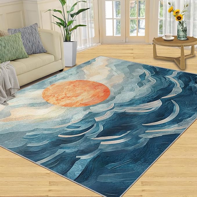 Boho Sun Area Rugs 5x8ft, Mosaic Sunburst Living Room Carpet, Abstraction Deco Decorative Carpet Protect Floor for Bedroom Men Office Hardwood Floors