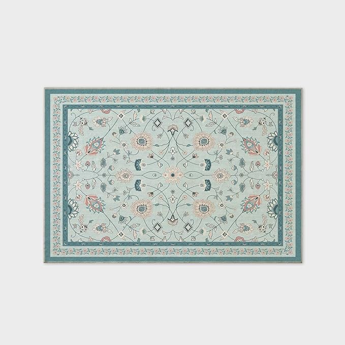 EVERGRACE Area Rugs for Living Room 4x6, Boho Floral Faux Wool Indoor Outdoor Rugs, Washable Rugs for Bedroom Entryway Dining Room Hallyway, Low Pile Floor Mat Carpet for Home Decor, Pale Blue