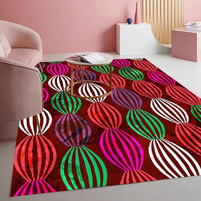Bohemian Pop Art Striped Balloon Pattern Rug for Living Room Bedroom Nursery Room Dining Room Home Office Study Room Vibrant Red and Green Kitchen Hallway Indoor Washable Area Carpet 2x3